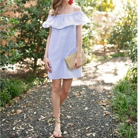 REVOLVE NWT Line & Dot Blue Stripe Lea Dress Off The Shoulder Ruffle Size XS - Picture 12 of 13